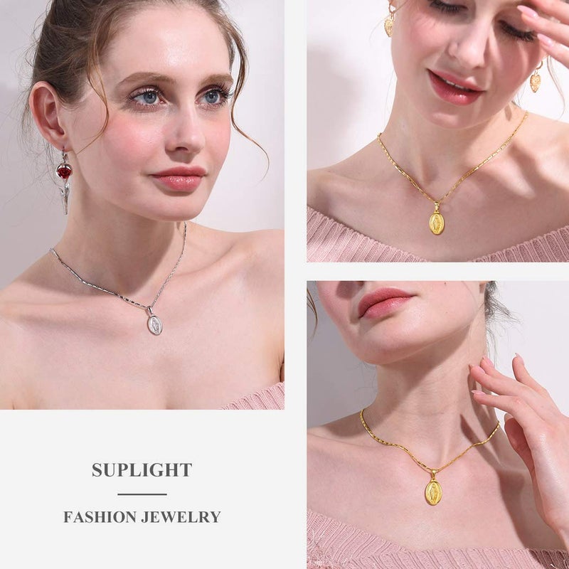 Suplight Vrigin Mary Medallion Necklace for Women, Catholic Religious Coin Necklace 18K Gold Filled De La Virgen Maria Medal Necklace - Image 2